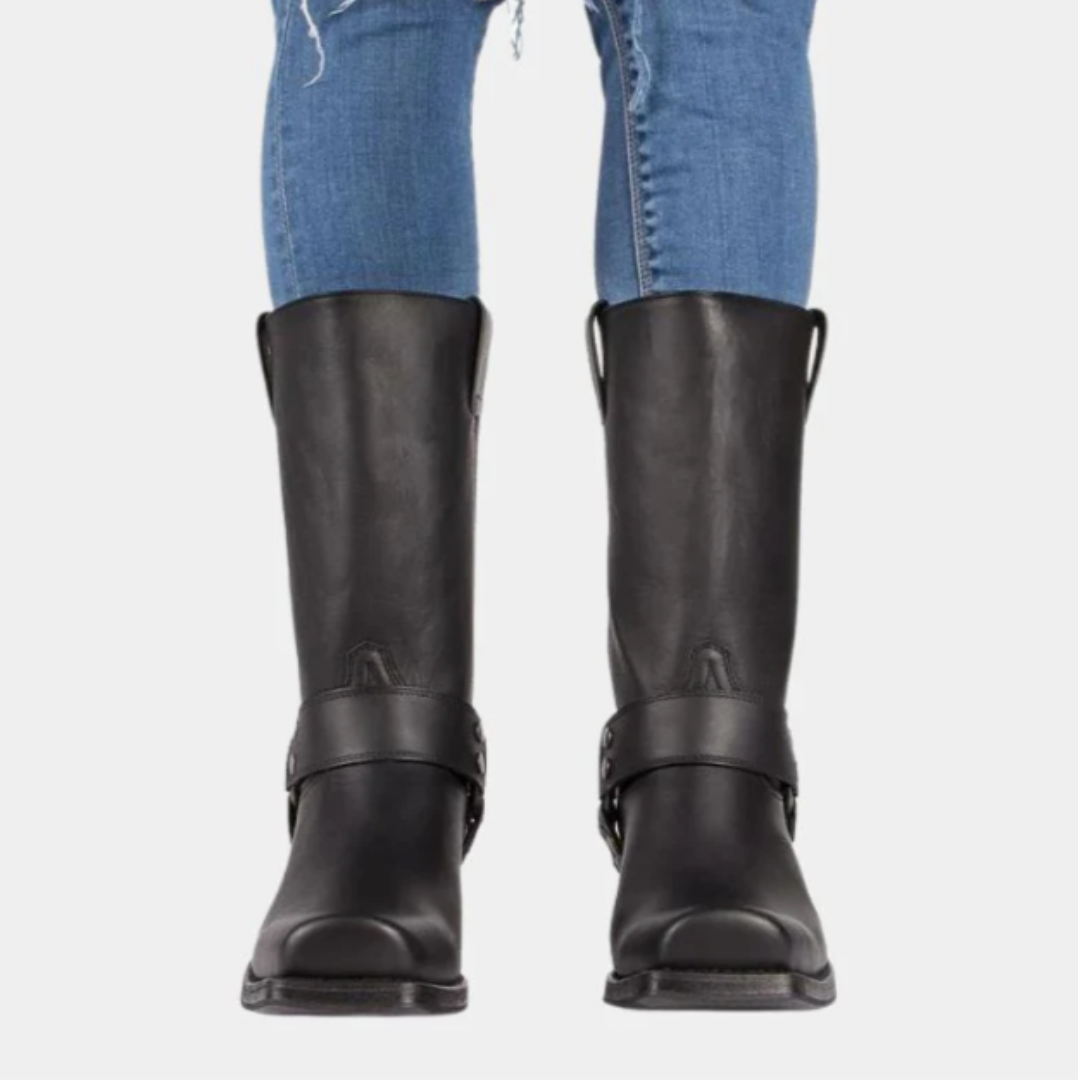 Women's Mid-Calf Harness Boots with Metal Ring Detail and Block Heel