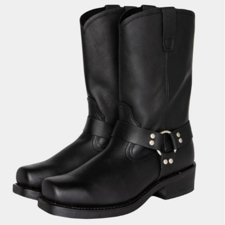 Women's Mid-Calf Harness Boots with Metal Ring Detail and Block Heel