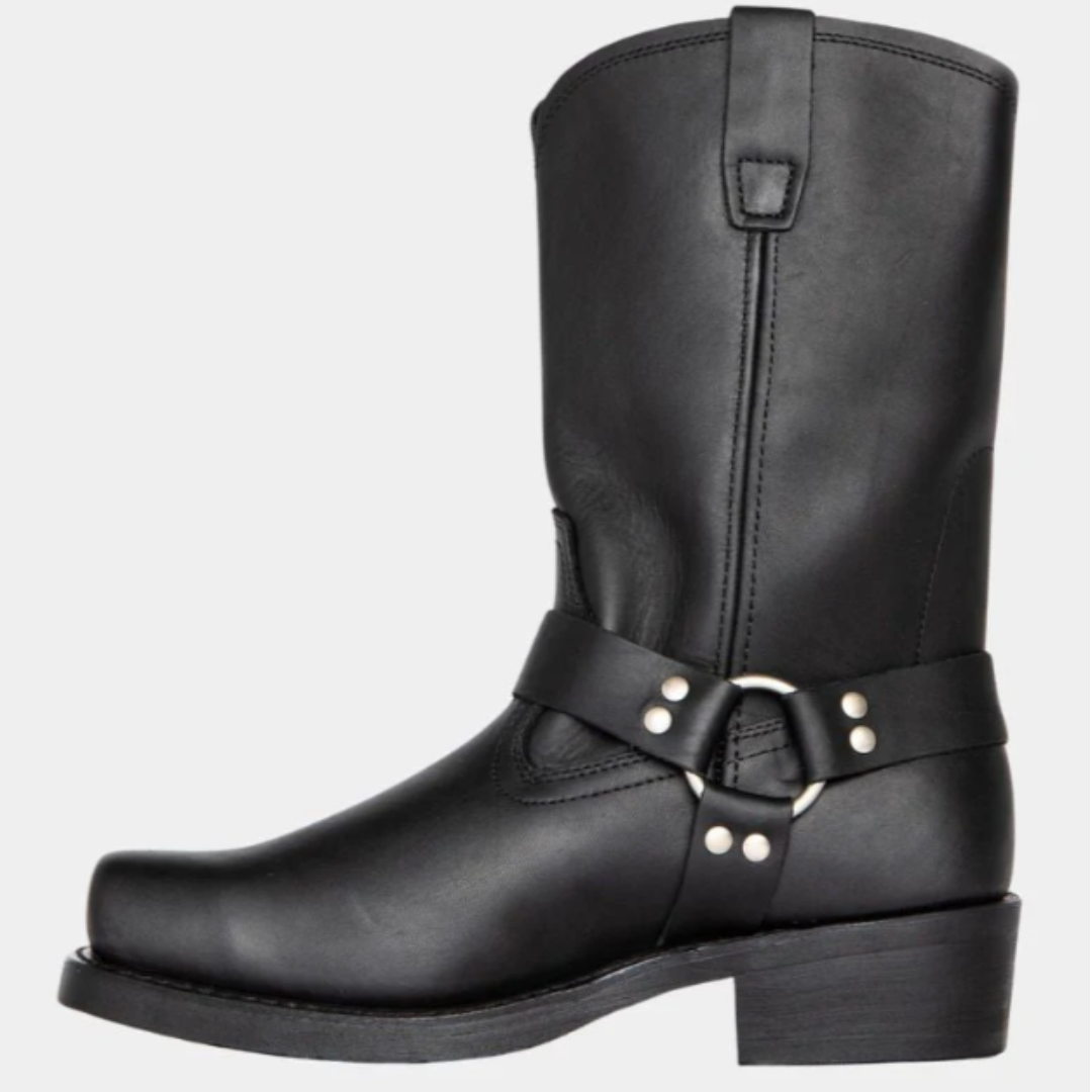 Women's Mid-Calf Harness Boots with Metal Ring Detail and Block Heel