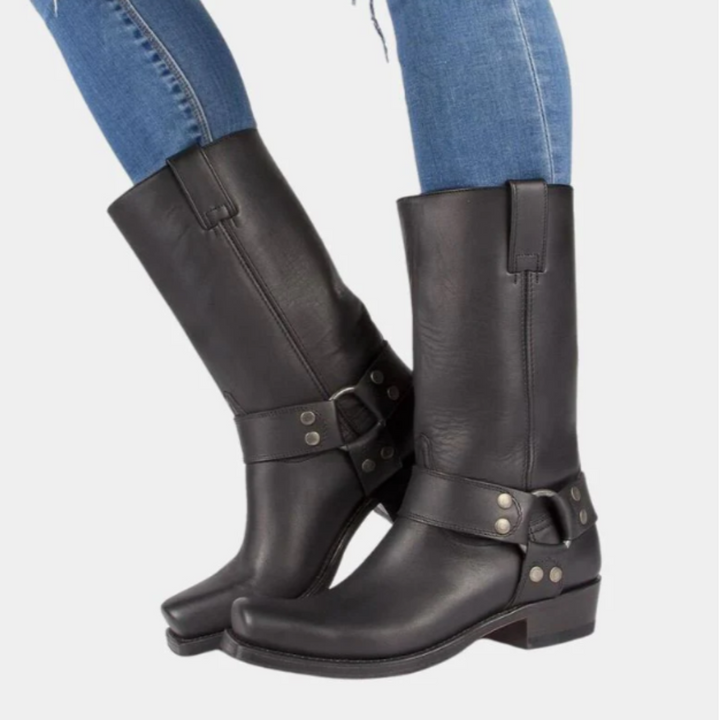 Women's Mid-Calf Harness Boots with Metal Ring Detail and Block Heel