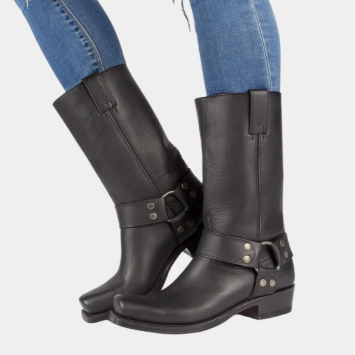 Women's Mid-Calf Harness Boots with Metal Ring Detail and Block Heel