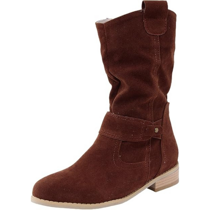 Women's Mid-Calf Slouch Boots with Side Zipper and Buckle Strap