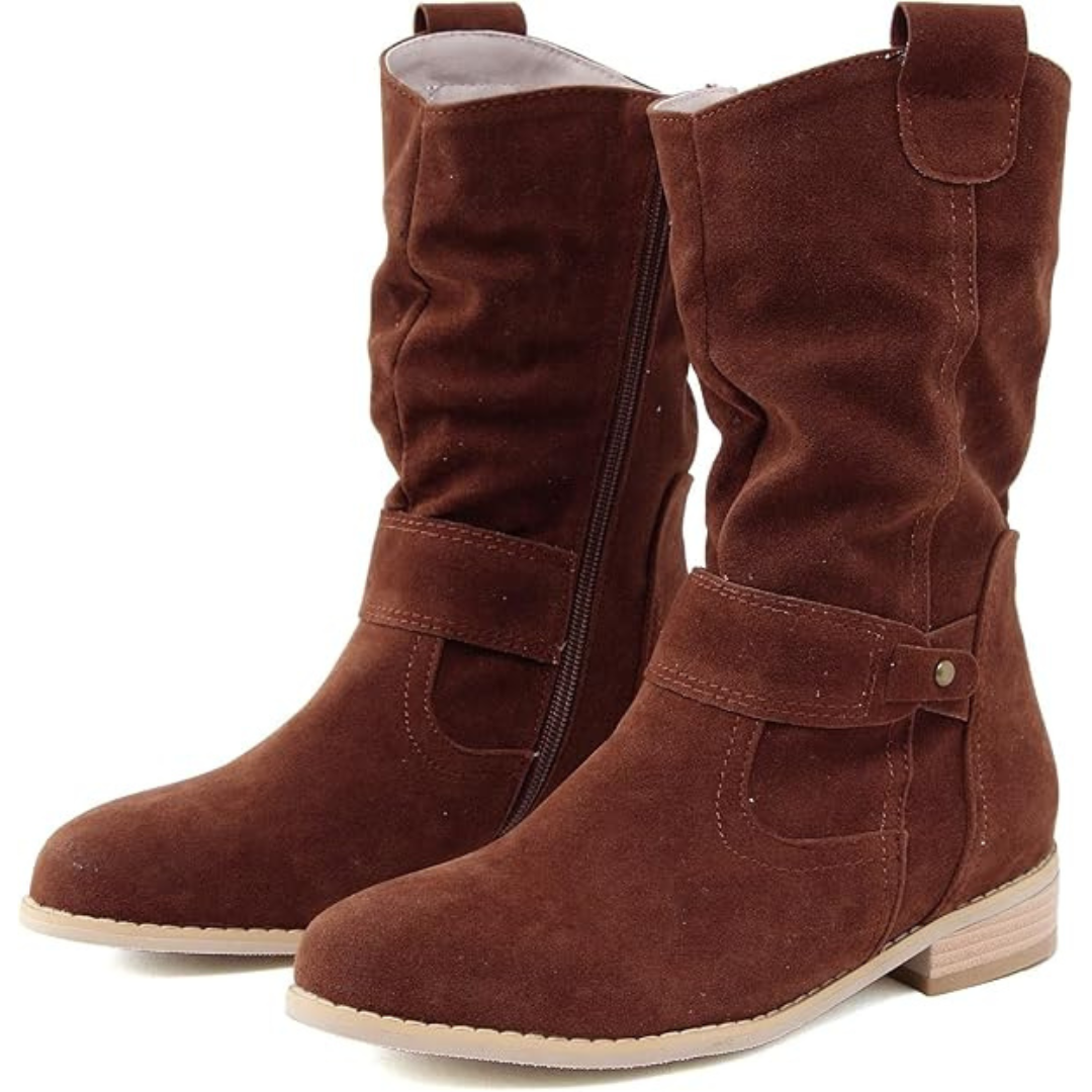 Women's Mid-Calf Slouch Boots with Side Zipper and Buckle Strap