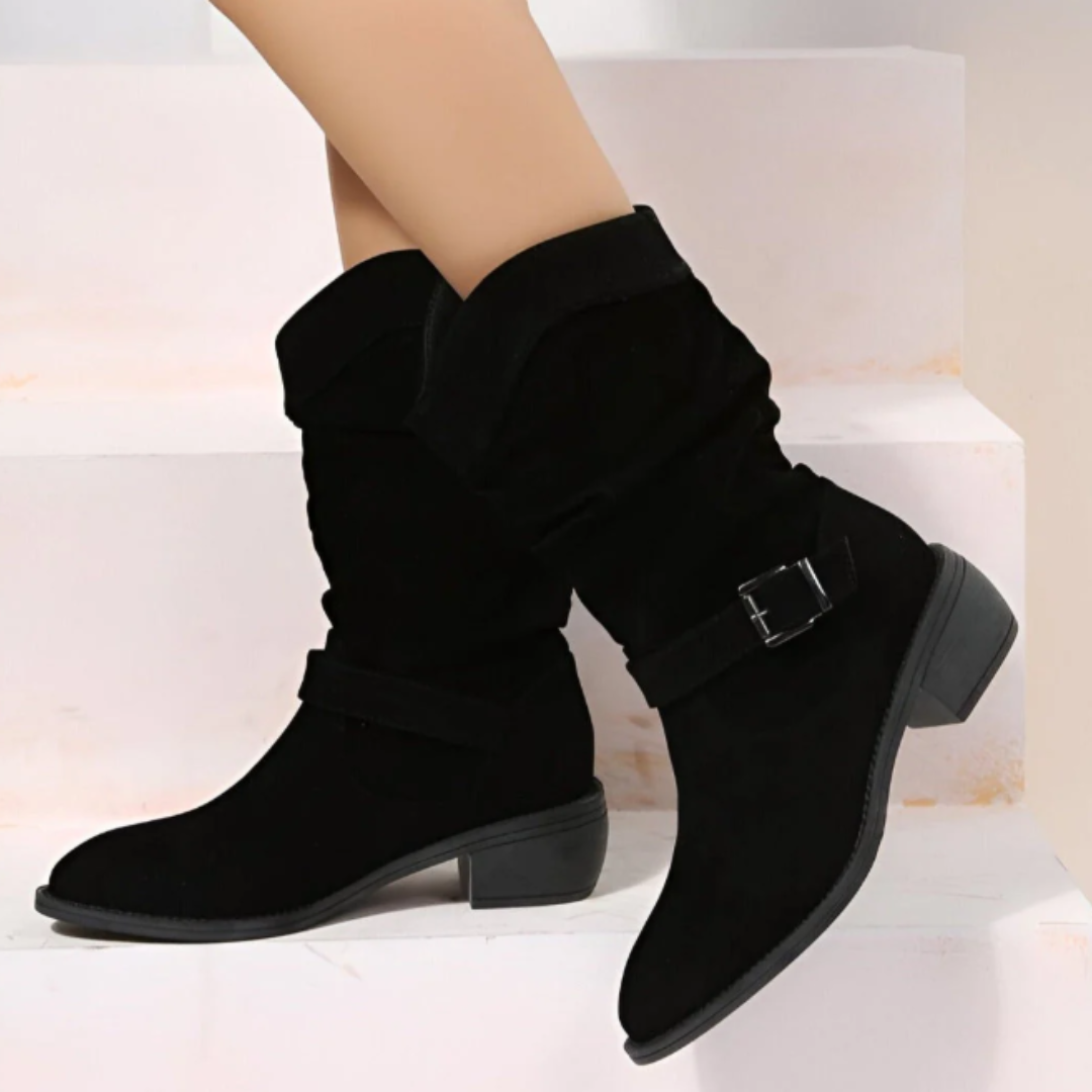 Women's Mid-Calf Slouch Boots with Side Zipper and Buckle Strap
