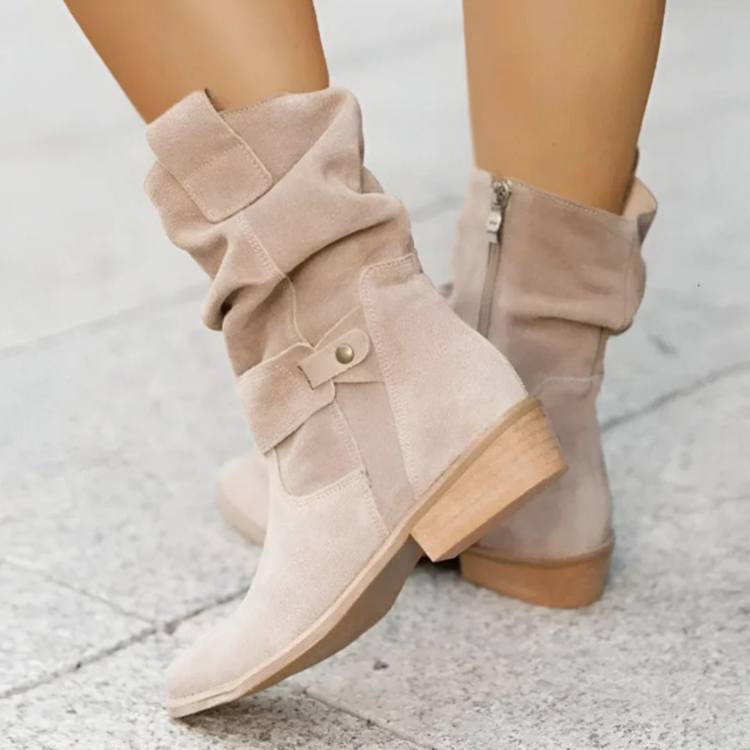 Women's Mid-Calf Slouch Boots with Side Zipper and Buckle Strap
