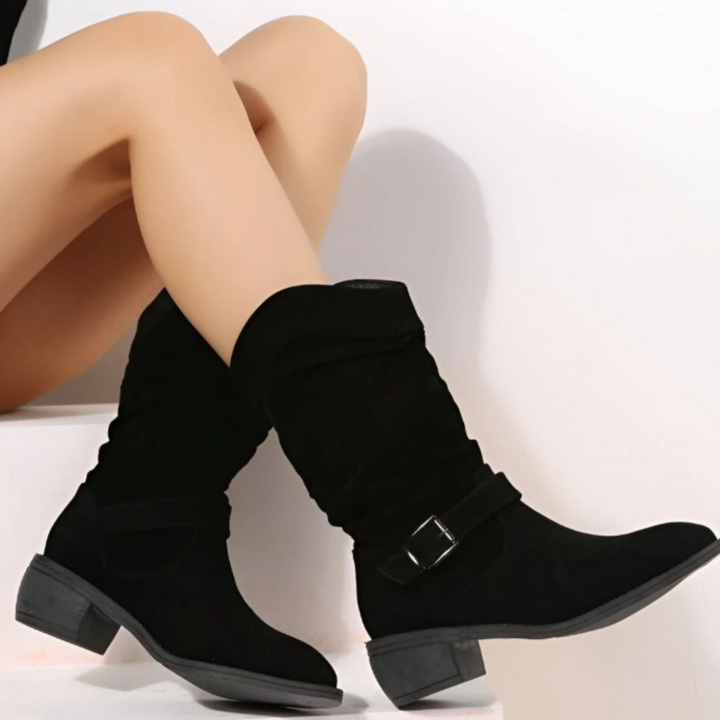 Women's Mid-Calf Slouch Boots with Side Zipper and Buckle Strap