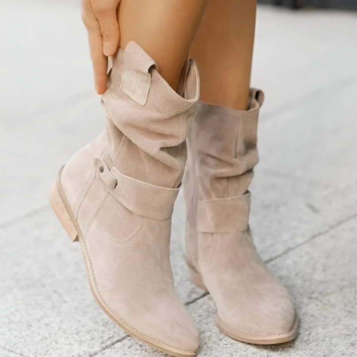 Women's Mid-Calf Slouch Boots with Side Zipper and Buckle Strap