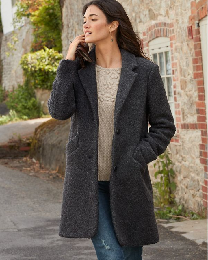 Women's Mid Length Coat with Notched Lapels and Button Front Closure