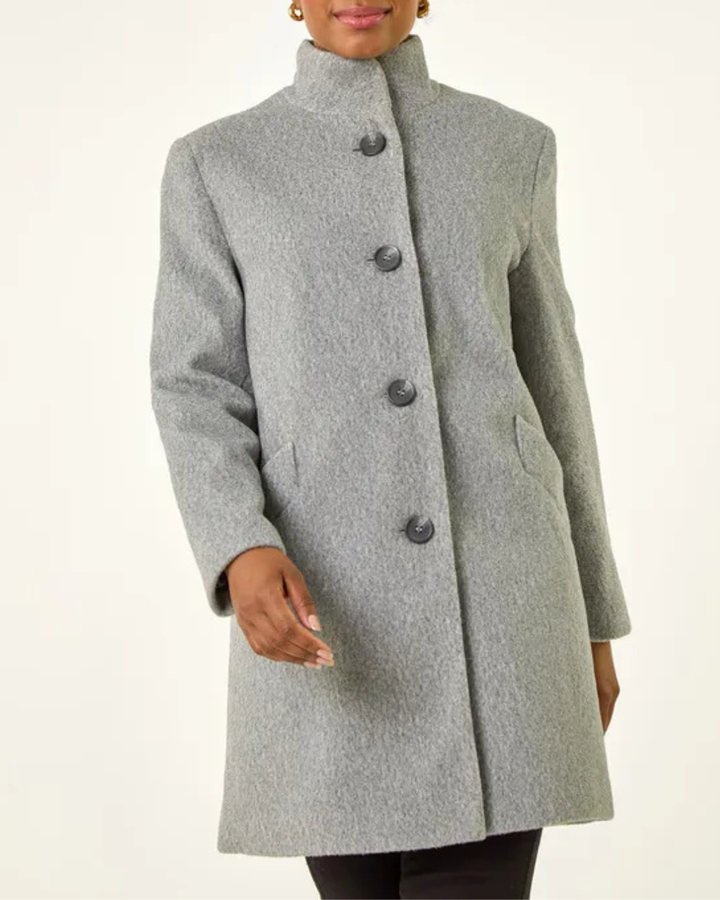 Women's Mid Length Coat with Notched Lapels and Button Front Closure