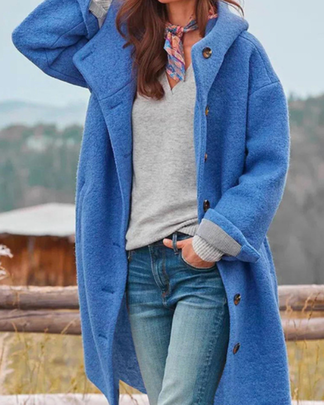 Women's Mid Length Coat with Notched Lapels and Button Front Closure