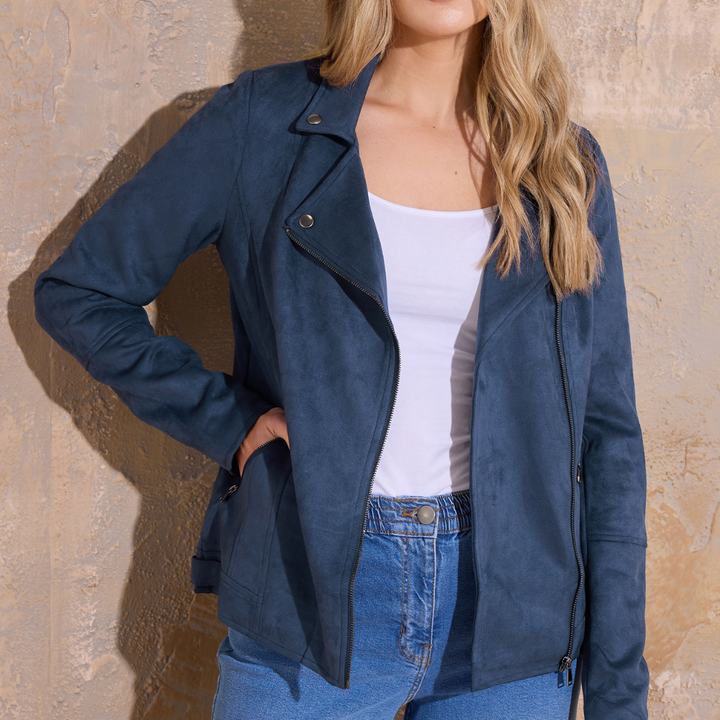 Women's Moto Jacket with Notched Lapel and Asymmetric Zip Closure