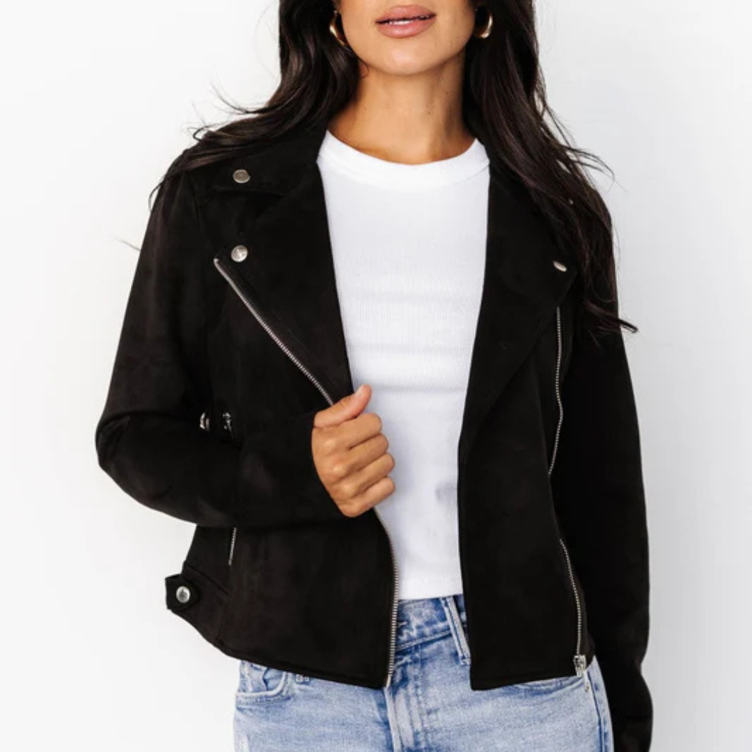 Women's Moto Jacket with Notched Lapel and Asymmetric Zip Closure