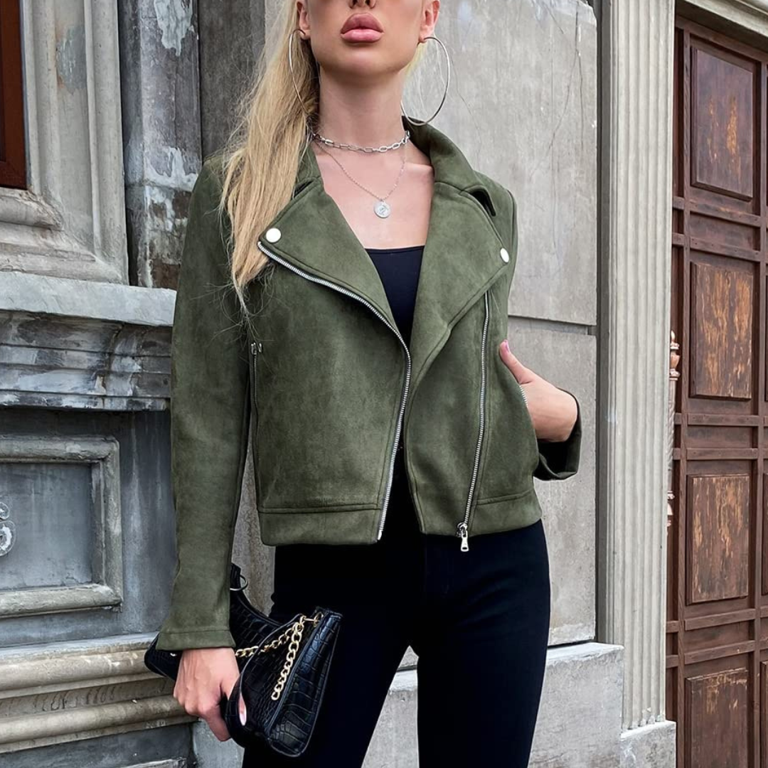 Women's Moto Jacket with Notched Lapel and Asymmetric Zip Closure