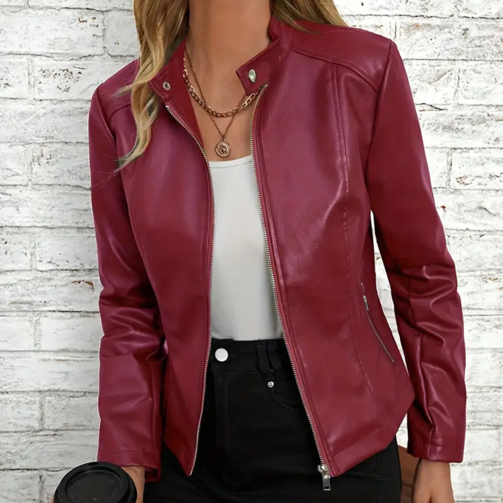 Women's Moto Jacket with Stand Collar and Asymmetric Zip Closure