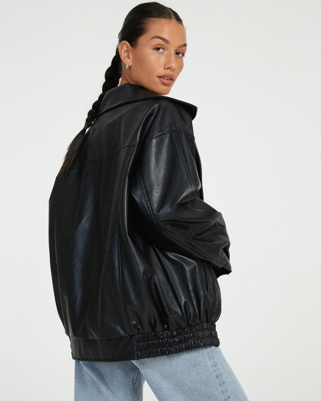 Women's Oversized Faux Leather Bomber Jacket with Ribbed Cuffs and Hem