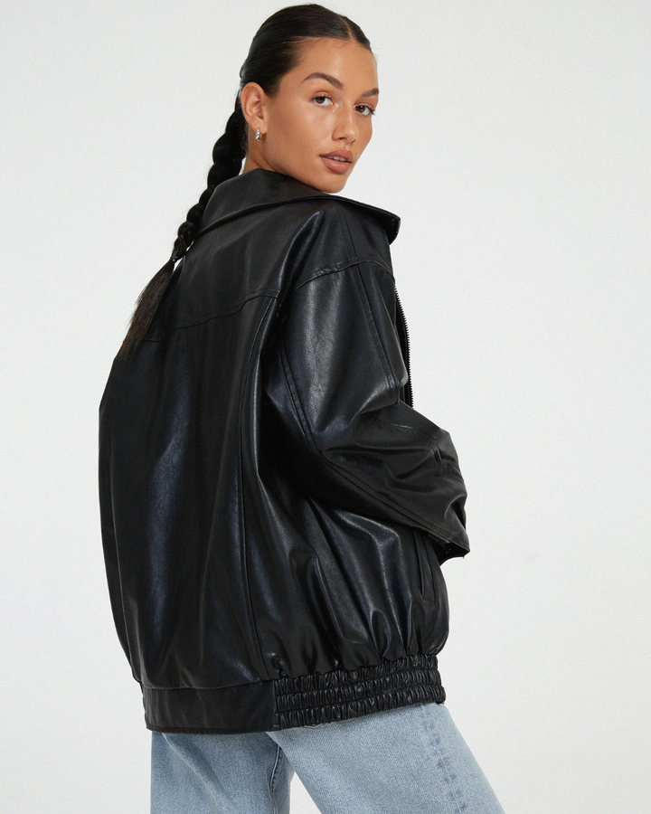 Women's Oversized Faux Leather Bomber Jacket with Ribbed Cuffs and Hem