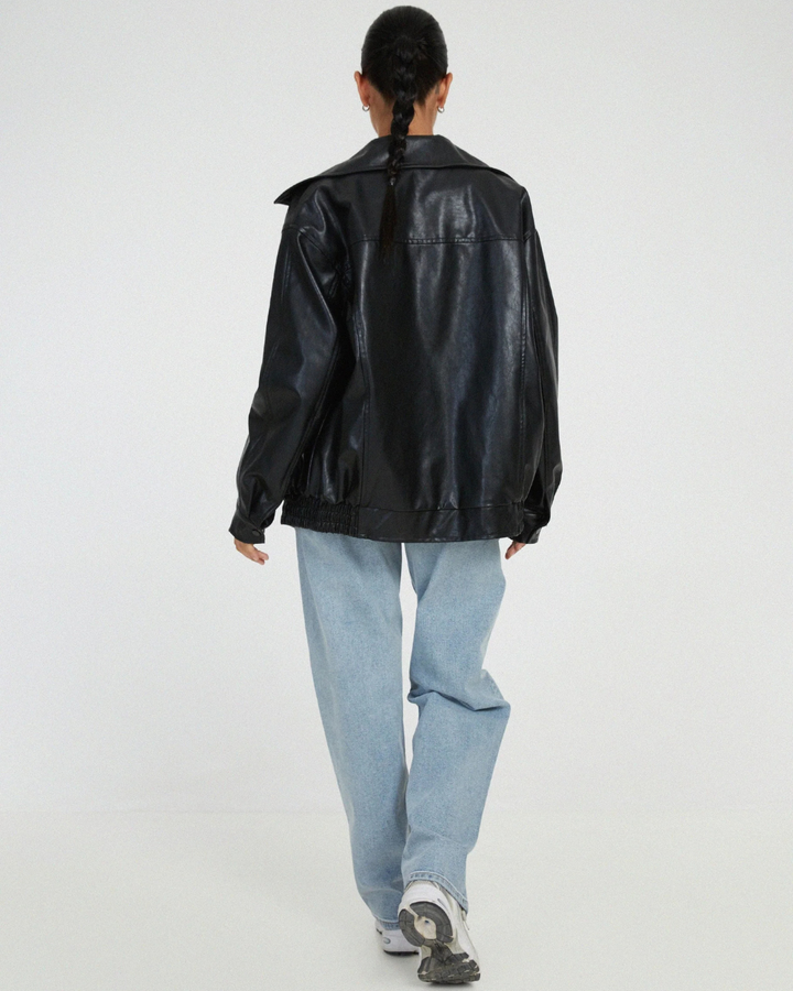 Women's Oversized Faux Leather Bomber Jacket with Ribbed Cuffs and Hem