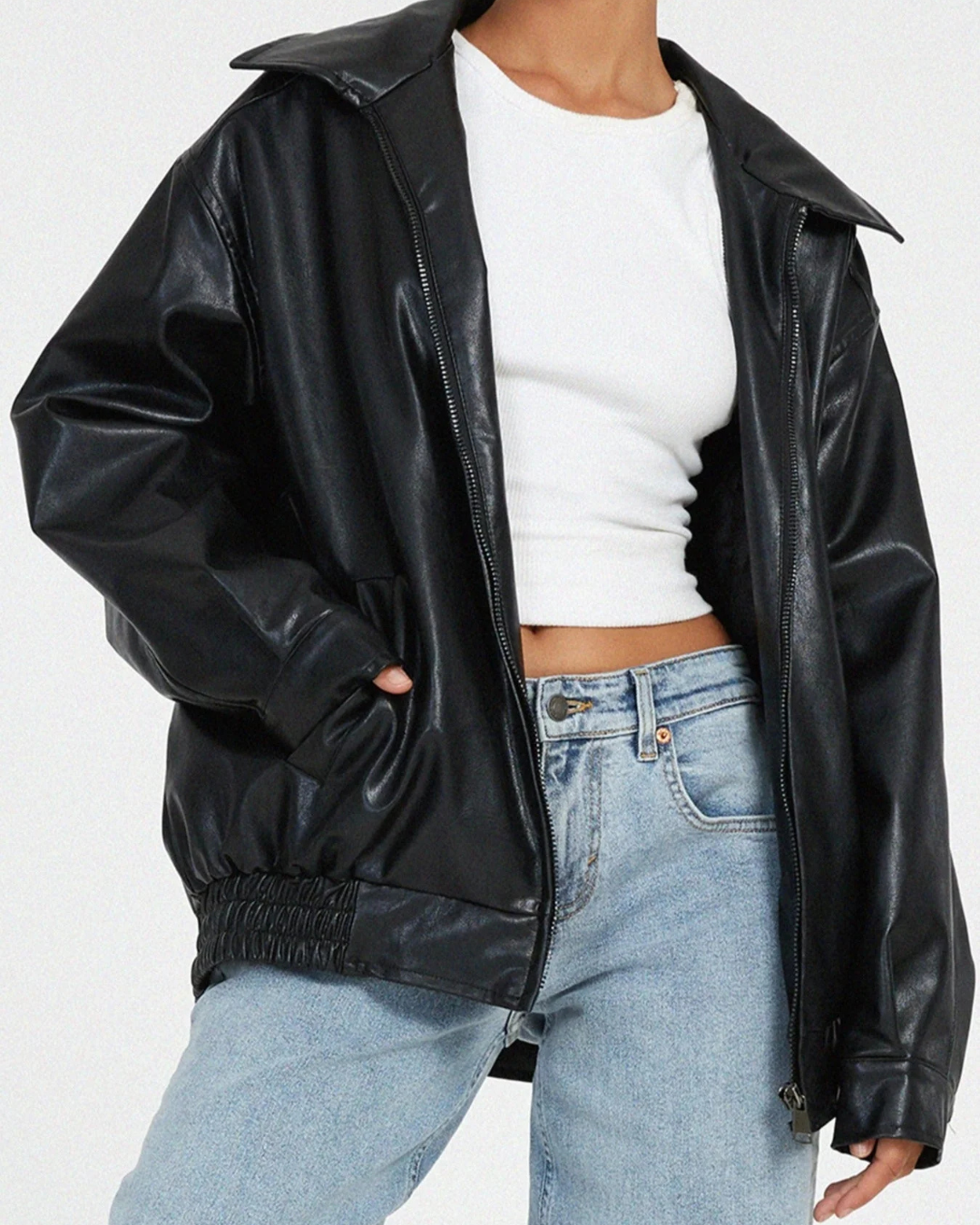 Women's Oversized Faux Leather Bomber Jacket with Ribbed Cuffs and Hem