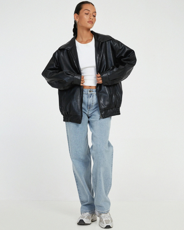 Women's Oversized Faux Leather Bomber Jacket with Ribbed Cuffs and Hem