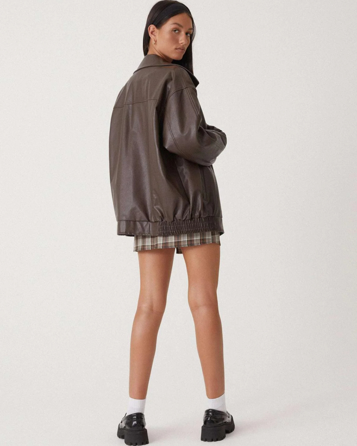 Women's Oversized Faux Leather Bomber Jacket with Ribbed Cuffs and Hem