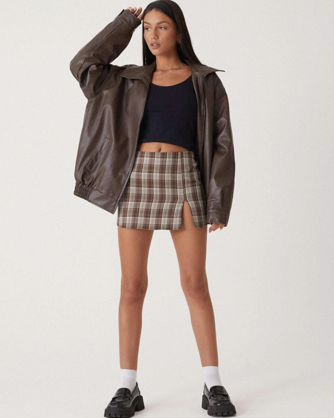 Women's Oversized Faux Leather Bomber Jacket with Ribbed Cuffs and Hem