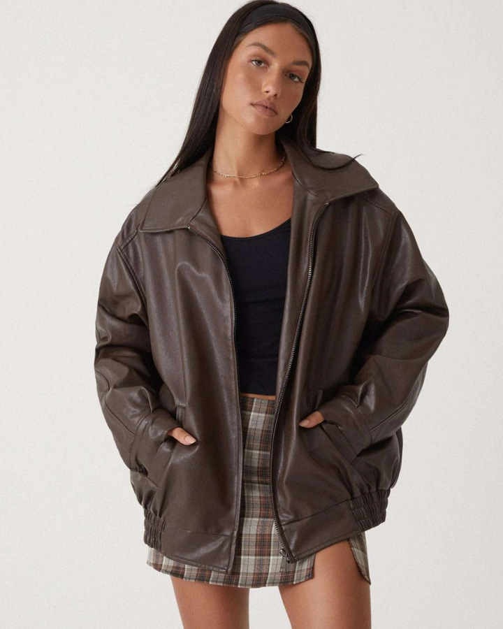Women's Oversized Faux Leather Bomber Jacket with Ribbed Cuffs and Hem