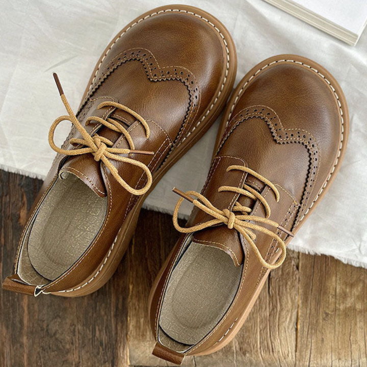 Women's Oxford Shoes with Brogue Perforations and Lace Up Front