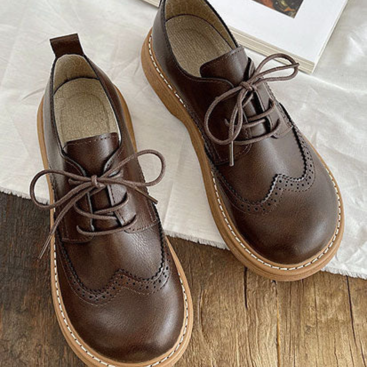 Women's Oxford Shoes with Brogue Perforations and Lace Up Front