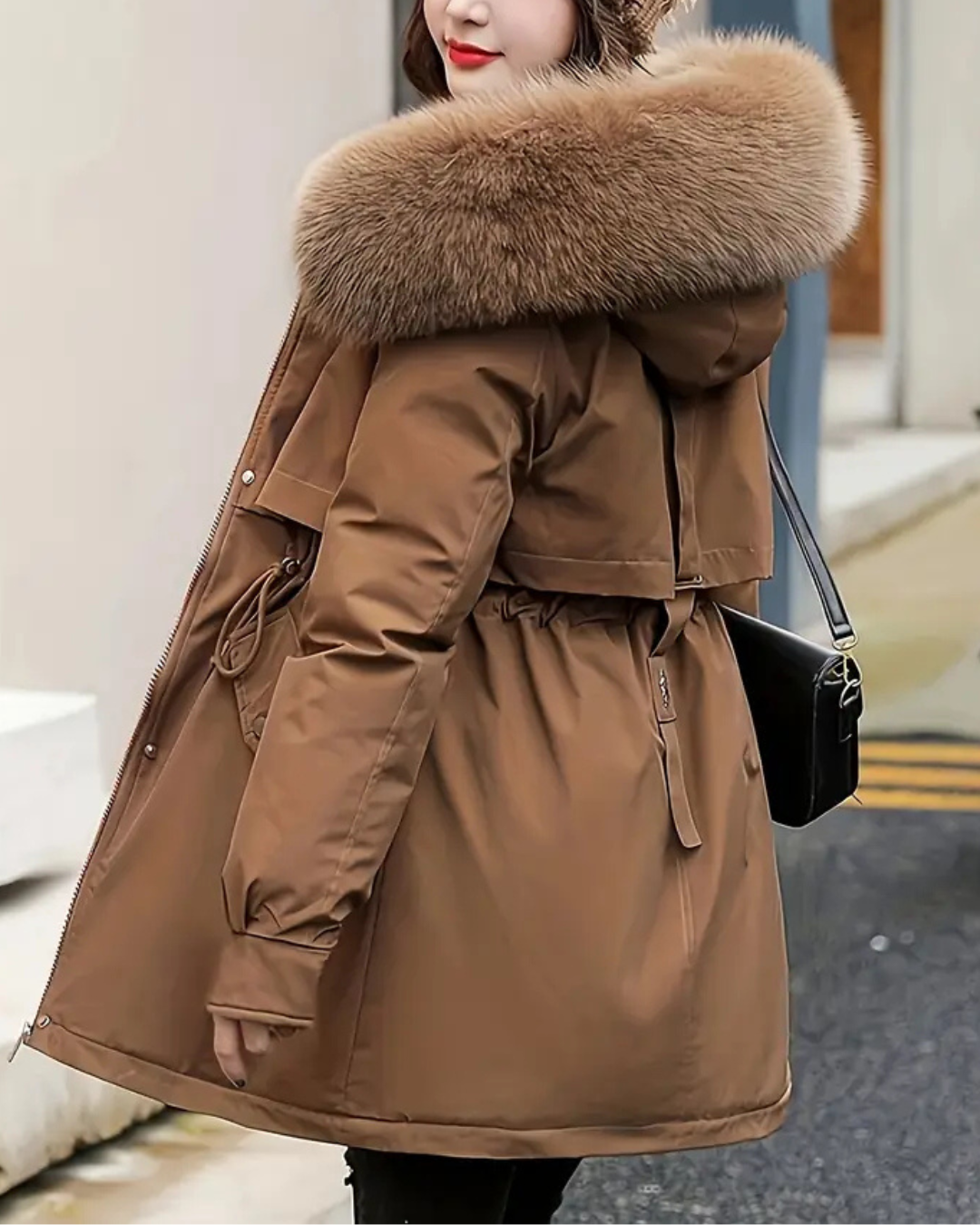 Women's Parka Jacket with Faux Fur Trimmed Hood and Zip Front Closure