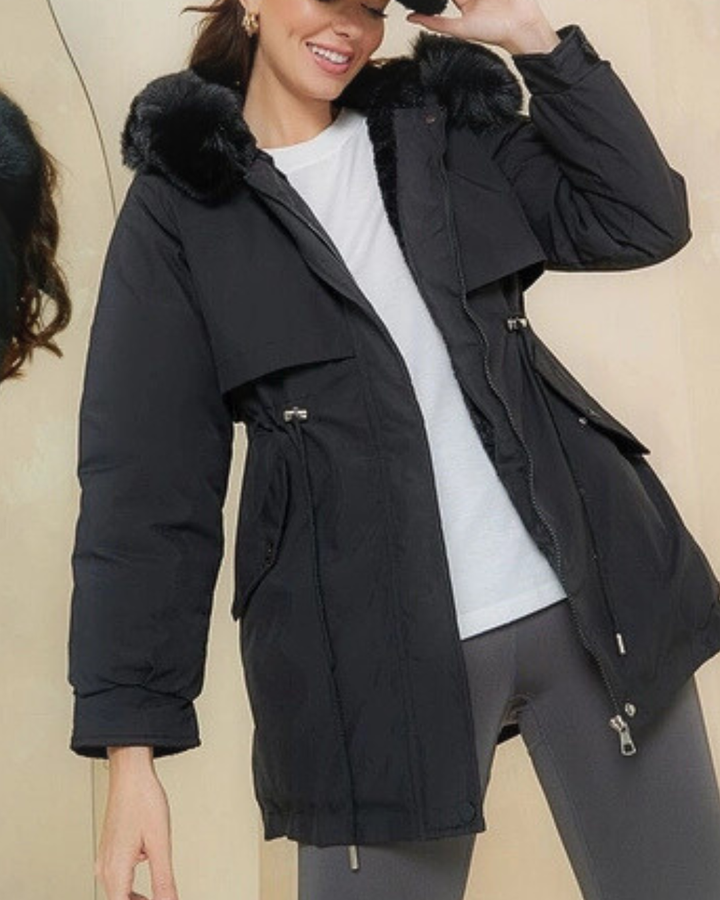 Women's Parka Jacket with Faux Fur Trimmed Hood and Zip Front Closure