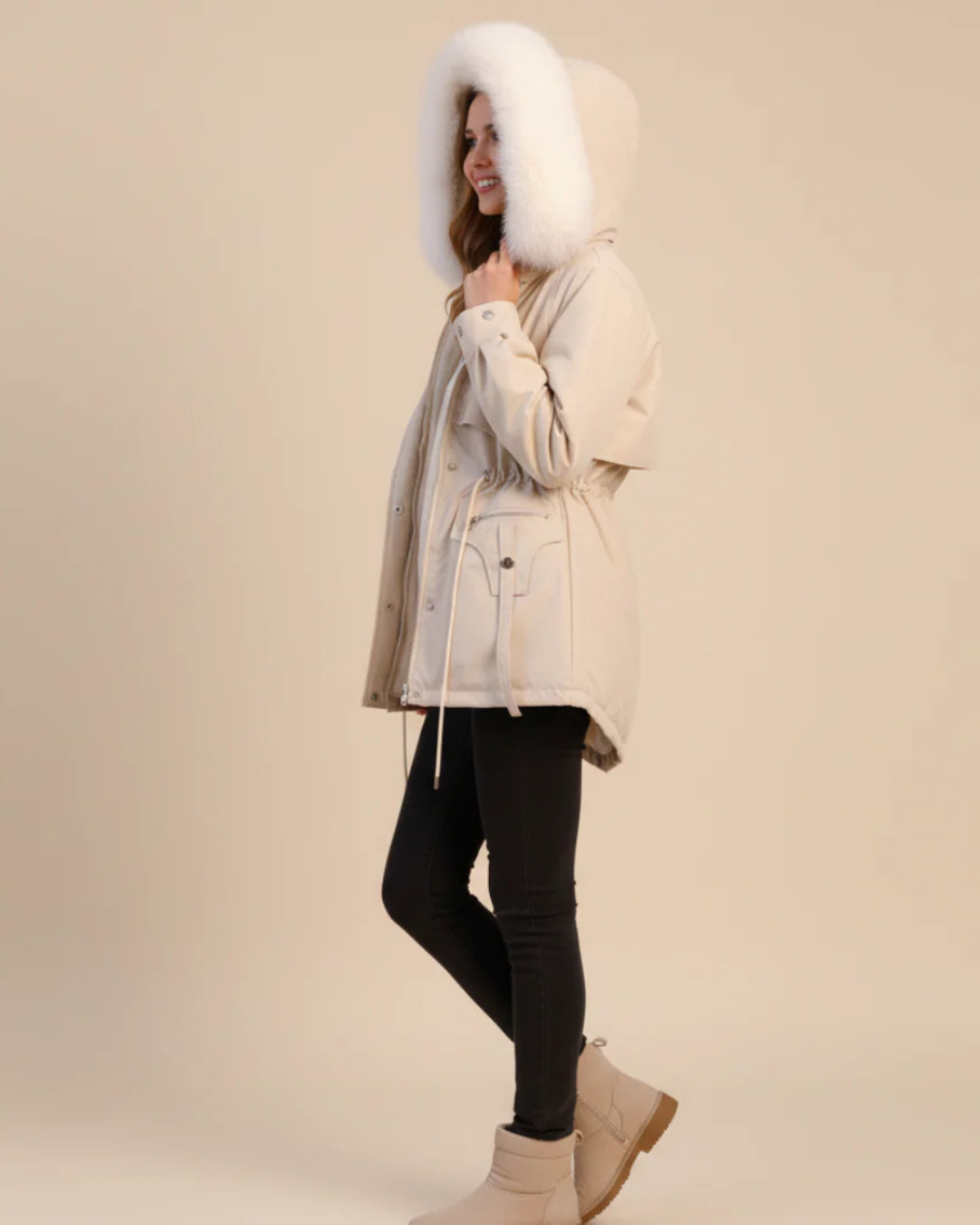 Women's Parka Jacket with Faux Fur Trimmed Hood and Zip Front Closure