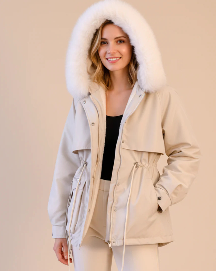 Women's Parka Jacket with Faux Fur Trimmed Hood and Zip Front Closure