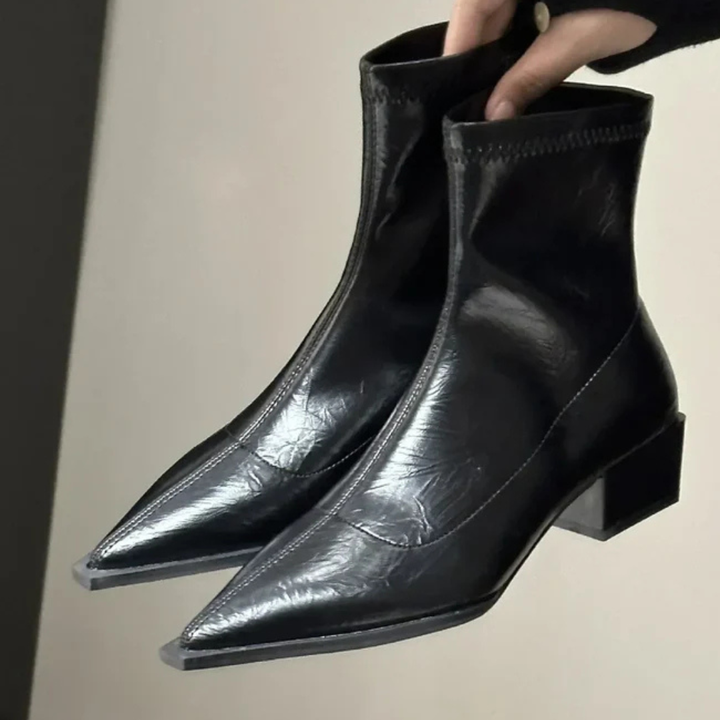 Women's Pointed Toe Ankle Boots with Stretch Upper and Block Heel