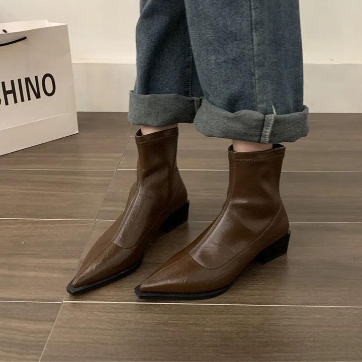 Women's Pointed Toe Ankle Boots with Stretch Upper and Block Heel