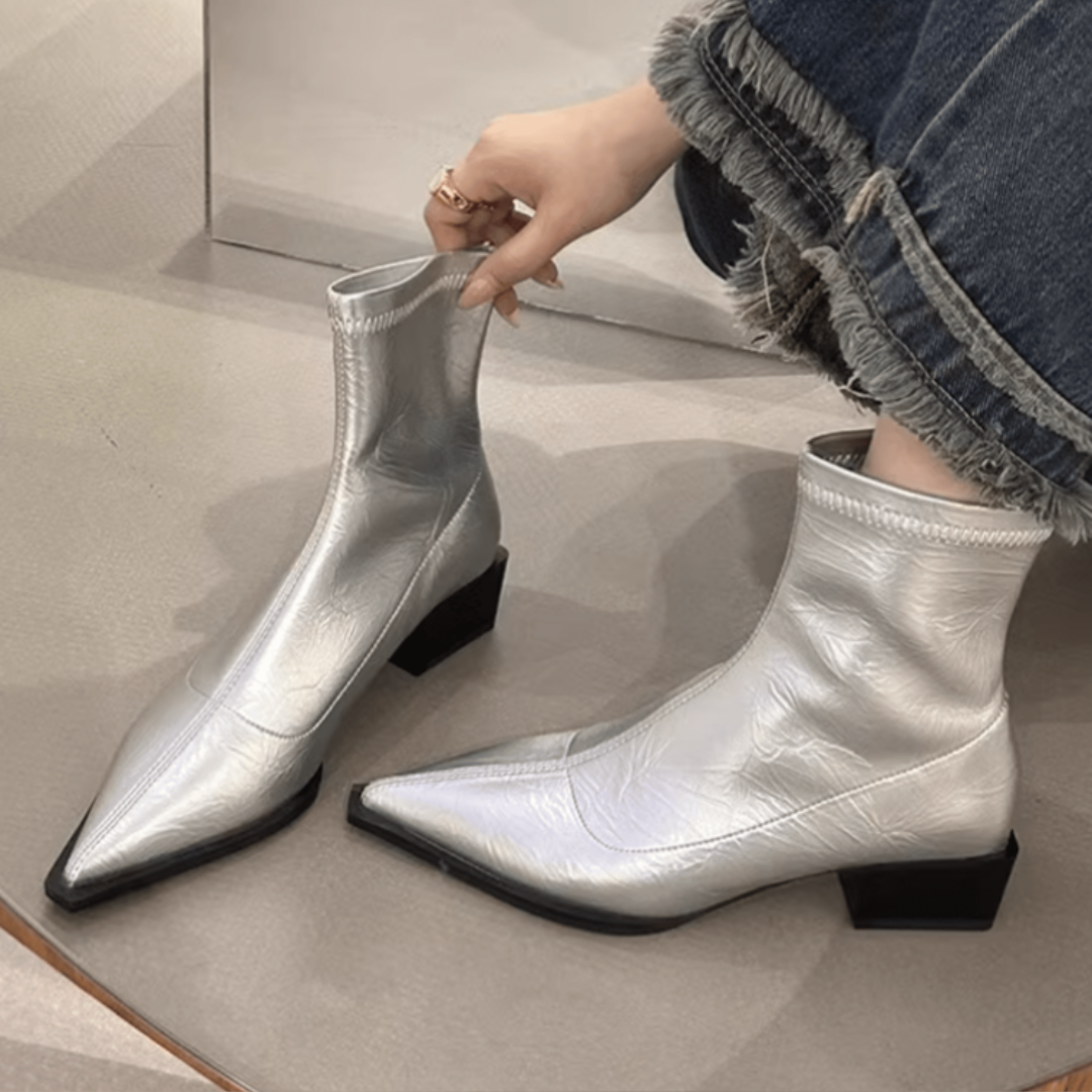 Women's Pointed Toe Ankle Boots with Stretch Upper and Block Heel