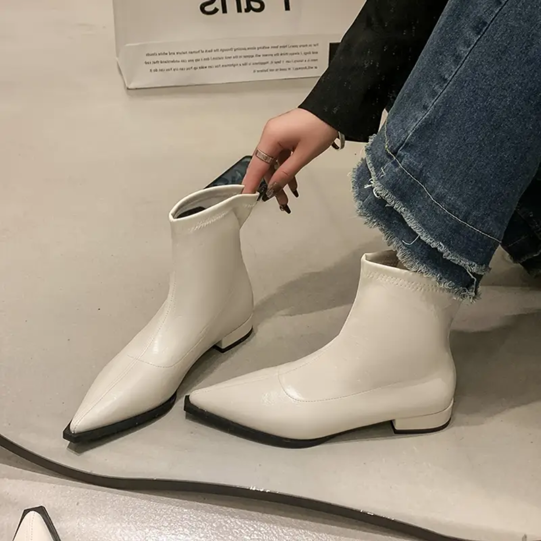Women's Pointed Toe Ankle Boots with Stretch Upper and Block Heel