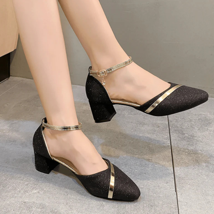 Women's Pointed Toe Block Heel Shoes with Ankle Strap and Buckle Closure