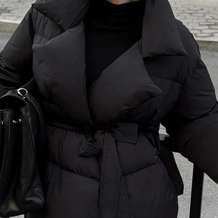 Women's Puffer Jacket with Wide Collar and Waist Belt Tie