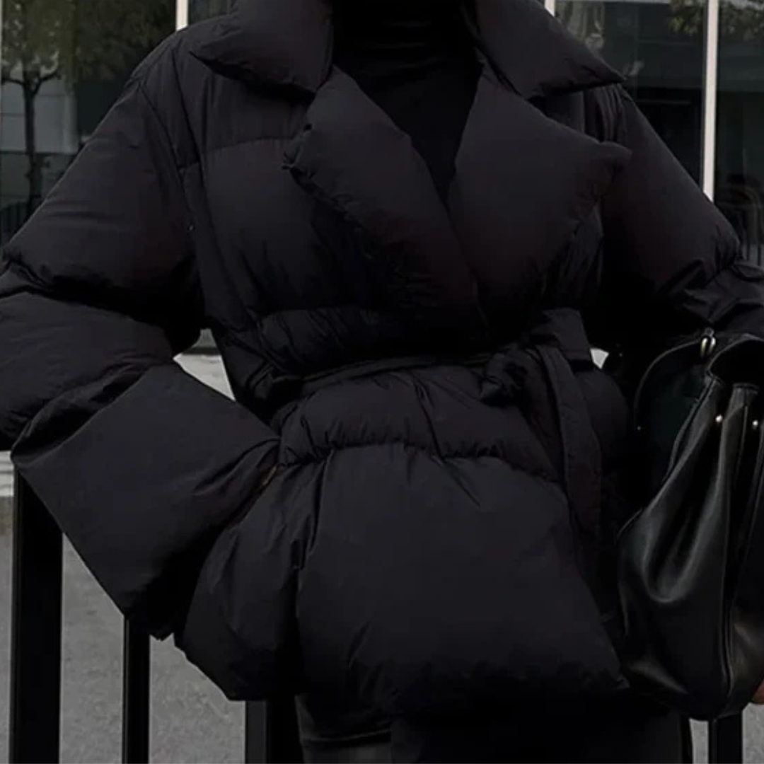 Women's Puffer Jacket with Wide Collar and Waist Belt Tie