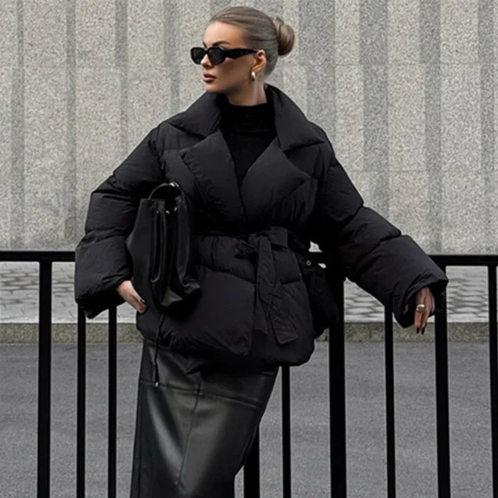 Women's Puffer Jacket with Wide Collar and Waist Belt Tie