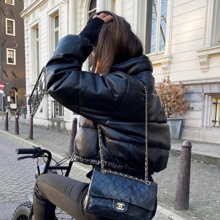 Women's Puffer Jacket with Attached Hood and Ribbed Trim