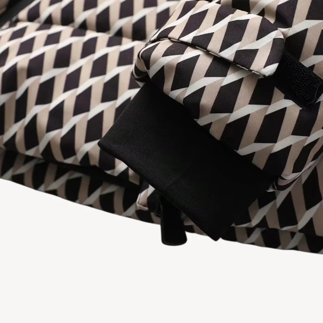 Women's Puffer Jacket with Attached Hood and Waist Belt Buckle