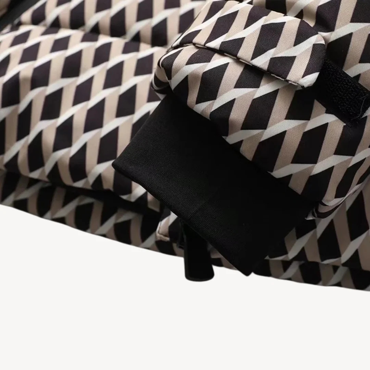 Women's Puffer Jacket with Attached Hood and Waist Belt Buckle