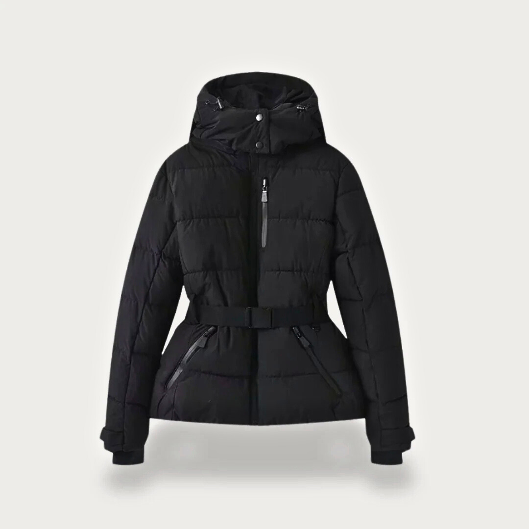 Women's Puffer Jacket with Attached Hood and Waist Belt Buckle