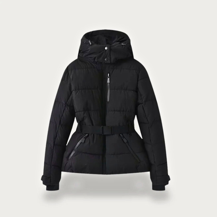 Women's Puffer Jacket with Attached Hood and Waist Belt Buckle