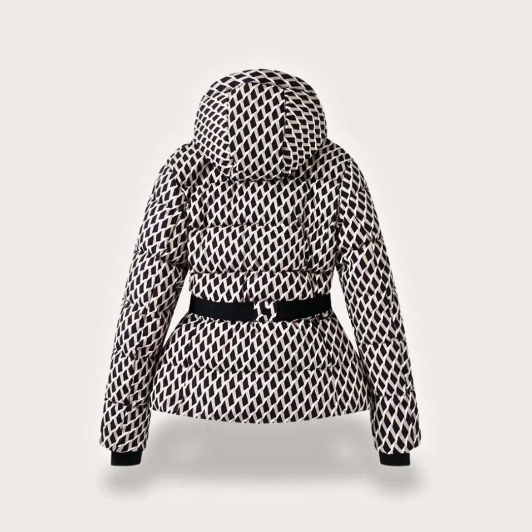 Women's Puffer Jacket with Attached Hood and Waist Belt Buckle