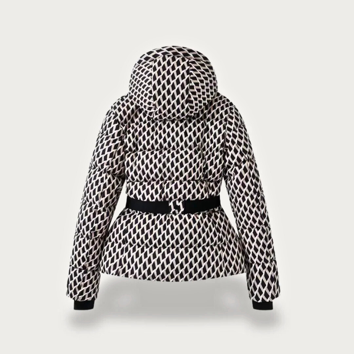 Women's Puffer Jacket with Attached Hood and Waist Belt Buckle