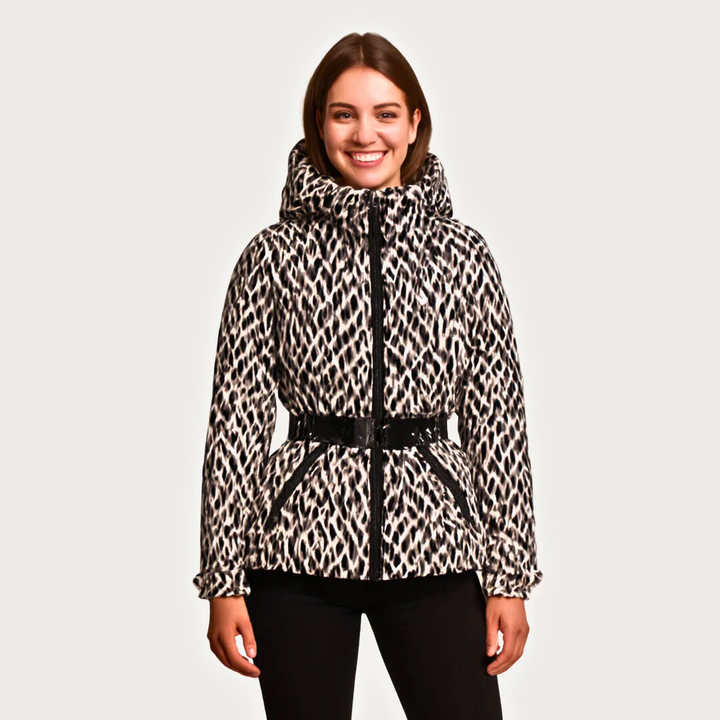 Women's Puffer Jacket with Attached Hood and Waist Belt Buckle