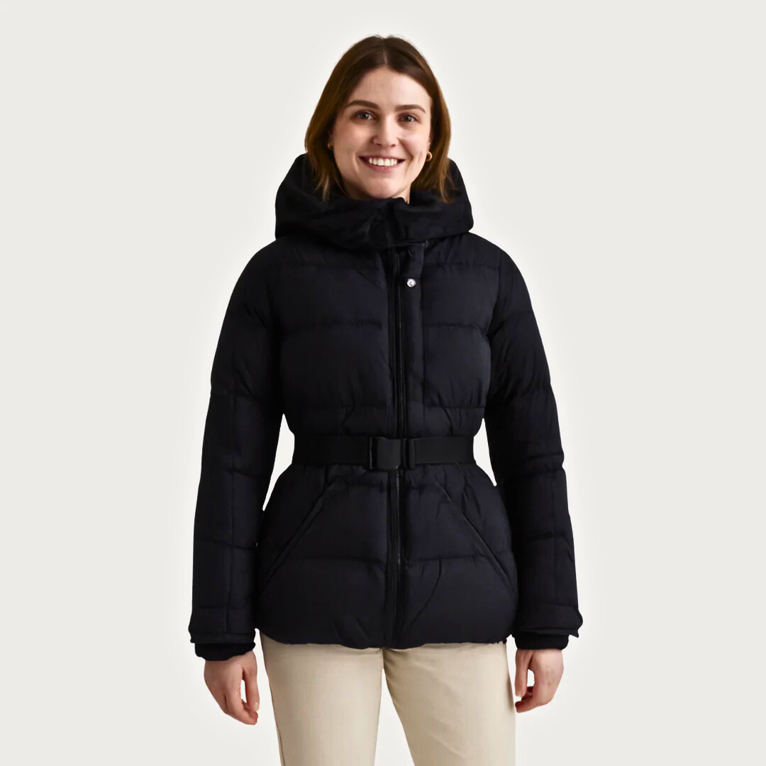 Women's Puffer Jacket with Attached Hood and Waist Belt Buckle