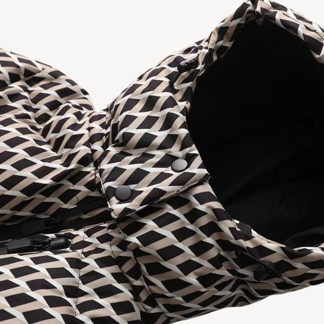 Women's Puffer Jacket with Attached Hood and Waist Belt Buckle